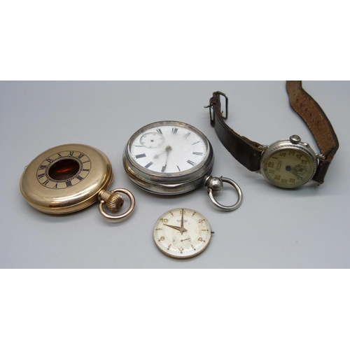 1050 - A silver pocket watch, a Roamer wristwatch movement, a gold plated watch case, and one other wristwa... 