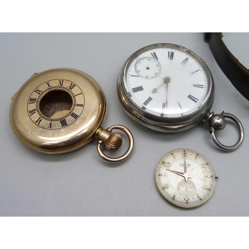 1050 - A silver pocket watch, a Roamer wristwatch movement, a gold plated watch case, and one other wristwa... 