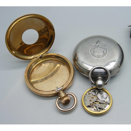 1050 - A silver pocket watch, a Roamer wristwatch movement, a gold plated watch case, and one other wristwa... 