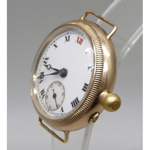 1061 - A 9ct gold cased trench wristwatch head, 21g including movement, 29mm excluding crown