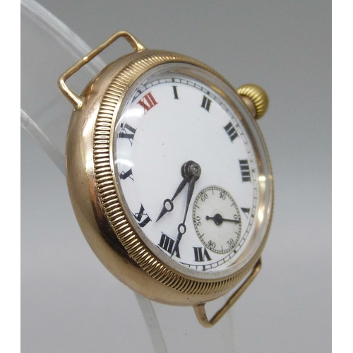 1061 - A 9ct gold cased trench wristwatch head, 21g including movement, 29mm excluding crown