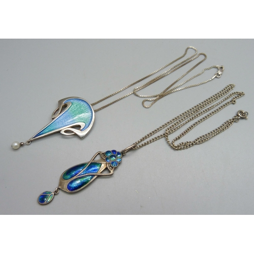 1066 - An Art Nouveau Murrle Bennett & Co .950 silver and enamel pendant on a white metal chain, (one panel... 