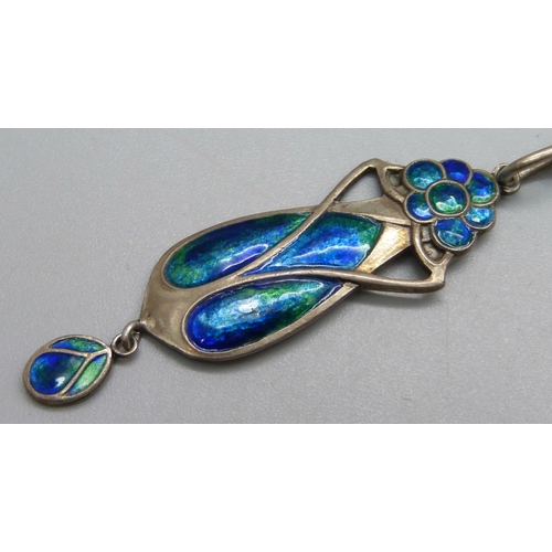 1066 - An Art Nouveau Murrle Bennett & Co .950 silver and enamel pendant on a white metal chain, (one panel... 