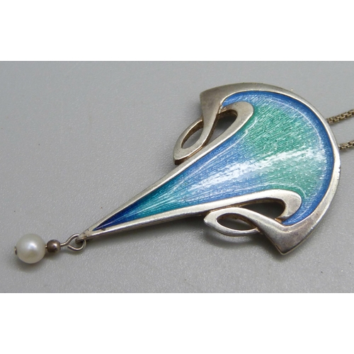 1066 - An Art Nouveau Murrle Bennett & Co .950 silver and enamel pendant on a white metal chain, (one panel... 