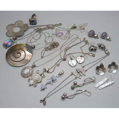 1067 - A collection of silver and stone set jewellery, 122g of marked silver, a white metal mounted shell p... 