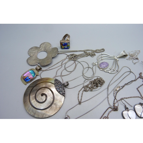 1067 - A collection of silver and stone set jewellery, 122g of marked silver, a white metal mounted shell p... 