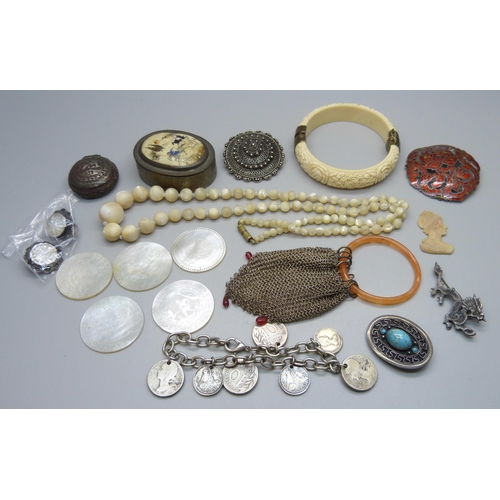 1074 - Jewellery including a Siam silver and enamel brooch, a filigree silver brooch, a pair of silver earr... 