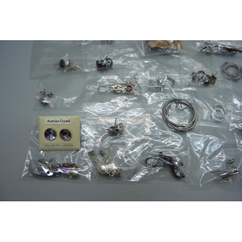 1078 - Thirteen pairs of silver earrings, six pairs of unmarked white metal earrings, five pairs of silver ... 