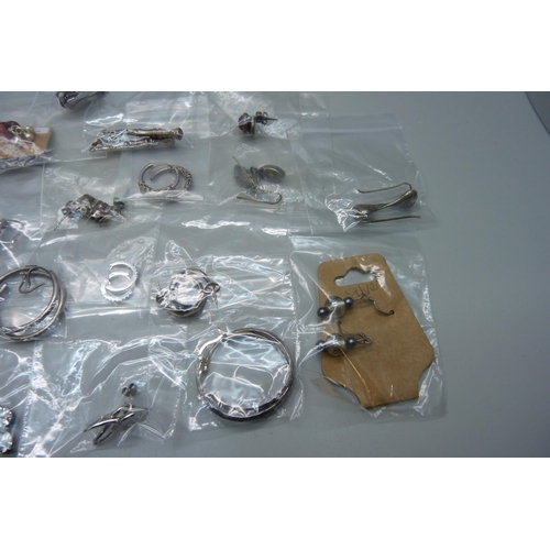 1078 - Thirteen pairs of silver earrings, six pairs of unmarked white metal earrings, five pairs of silver ... 