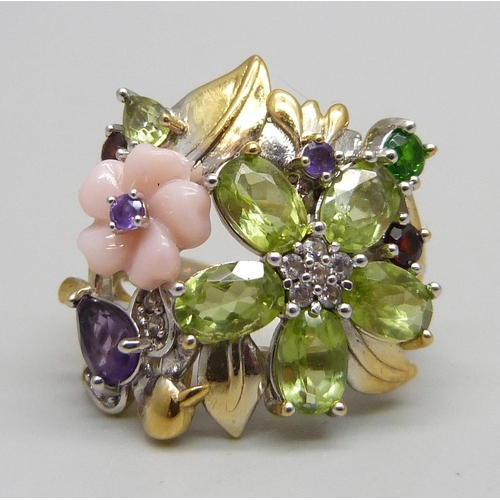 1079 - A silver gilt, pink pearl, zircon, amethyst and peridot dress ring, N/O