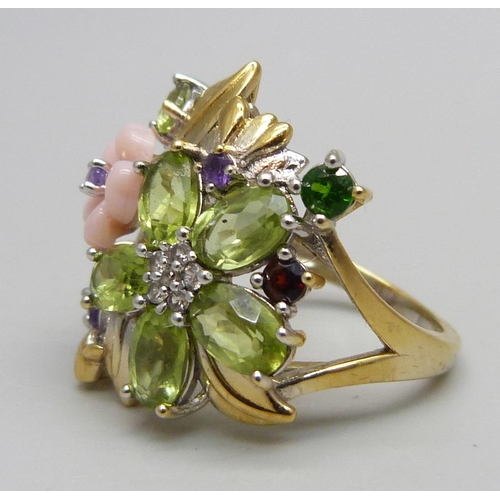 1079 - A silver gilt, pink pearl, zircon, amethyst and peridot dress ring, N/O