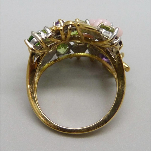 1079 - A silver gilt, pink pearl, zircon, amethyst and peridot dress ring, N/O