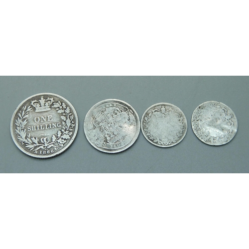 1093 - A Georgian 1818 sixpence, 1866 shilling and two Victorian 3d coins