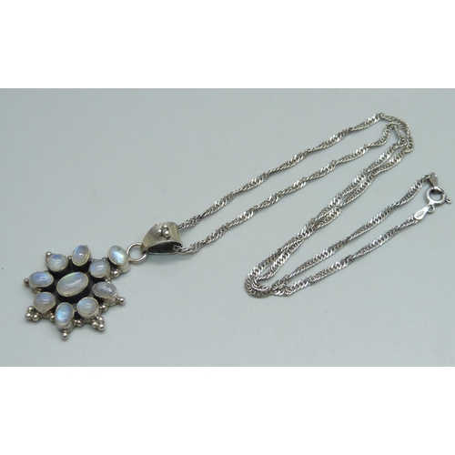 1109 - A moonstone and silver pendant on chain, 11g, 4.5cm pendant drop, approximately 46cm