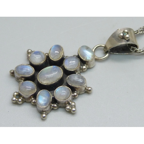 1109 - A moonstone and silver pendant on chain, 11g, 4.5cm pendant drop, approximately 46cm