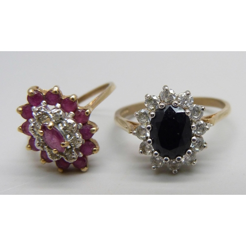 1115 - A 9ct gold ring set with a central sapphire and white stone halo, 2.6g, Q/R, and another 9ct gold ri... 