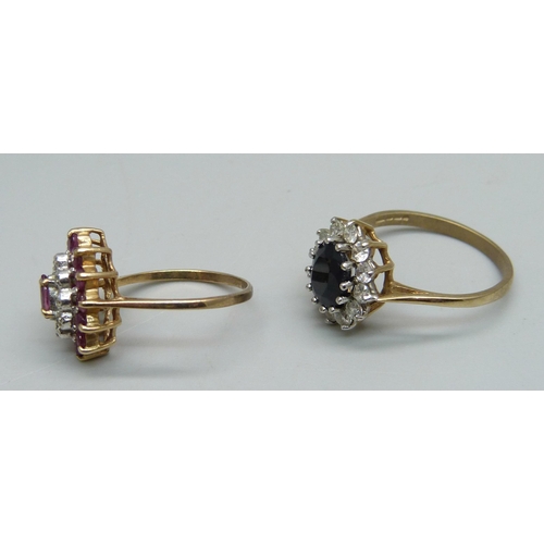 1115 - A 9ct gold ring set with a central sapphire and white stone halo, 2.6g, Q/R, and another 9ct gold ri... 