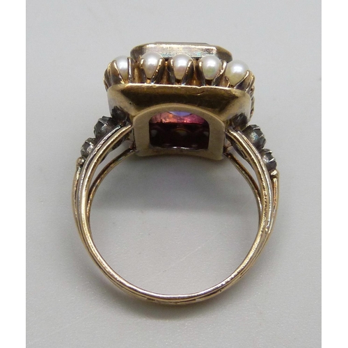 1122 - An antique French amethyst, pearl and diamond ring, control marks to outer shank, tests at 18ct gold... 