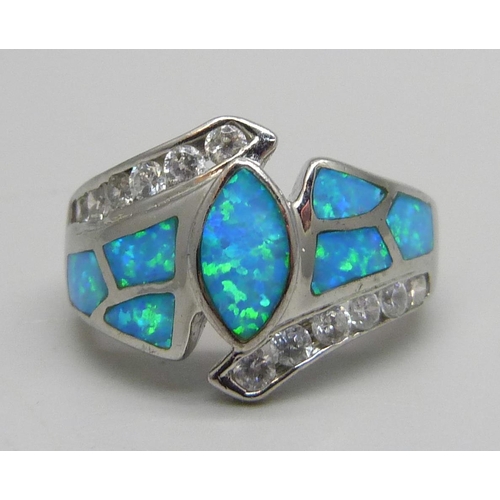 1134 - A silver, synthetic opal and white stone ring, P/Q