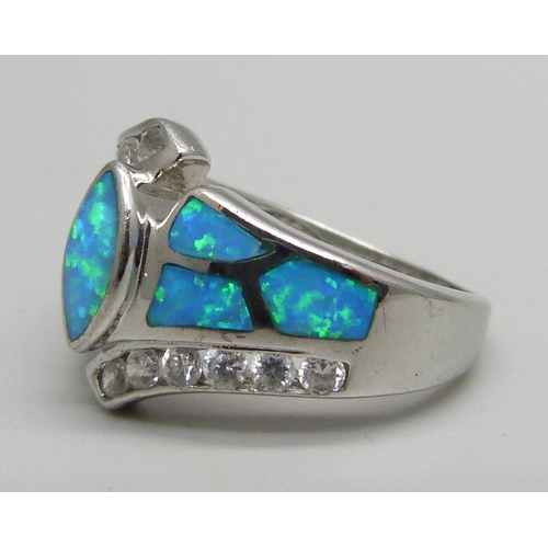 1134 - A silver, synthetic opal and white stone ring, P/Q