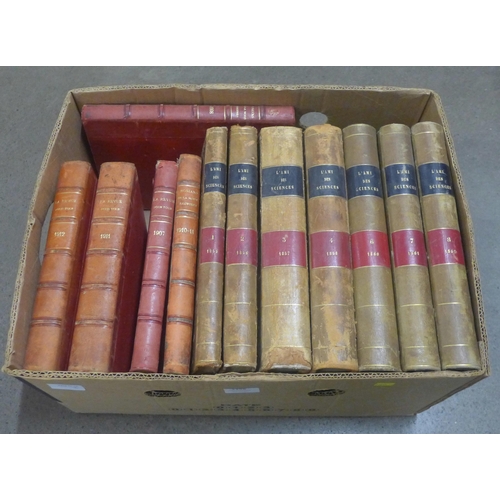 1158 - A box of books, mid 19th Century L'ami Des Sciences, volumes 1-4, 6-8 and early 20th Century, La Rev... 