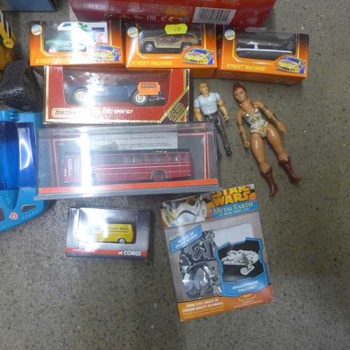 1161 - A box of assorted toys, including a Radio Control Trotter's Van, RC Air Striker Helicopter, Action F... 