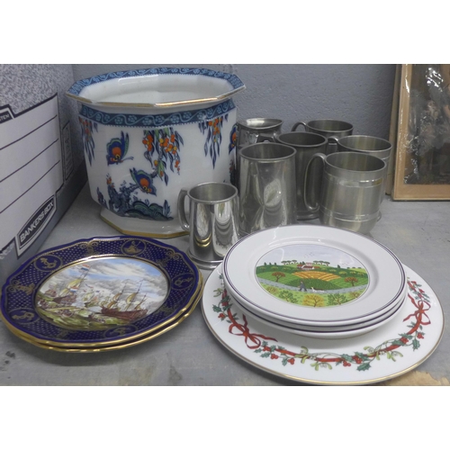 1167 - A large Losol ware Art Nouveau jardiniere, four boxed plates and a collection of pewter mugs **PLEAS... 