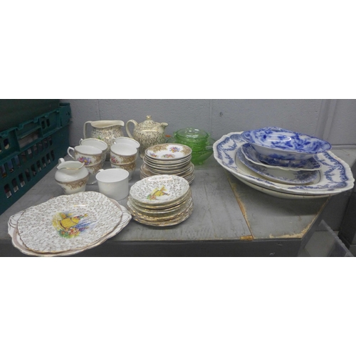 1177 - Two boxes of assorted china and glass including blue and white, crinoline lady tea ware and a green ... 