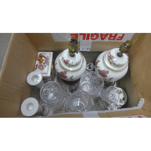 1188 - A box of mixed glass including six champagne coups, vase, a pair of tea lights, Mason's Mandalay Red... 