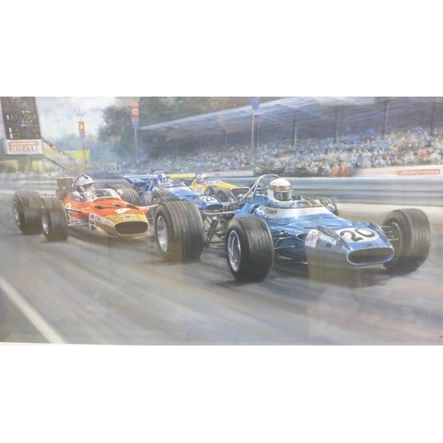 603 - A framed motor racing print, Close Finish by Alan Fearnley to commemorate Jackie Stewart winning the... 