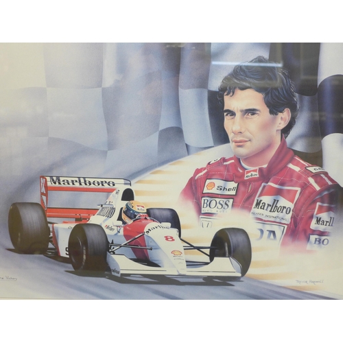 604 - A framed motor racing print, A Tribute to Ayrton Senna by Wayne Vickery and Trevor Horswell, signed ... 