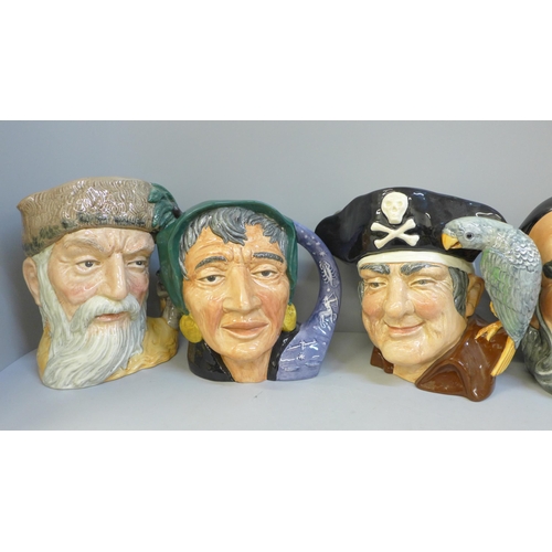 608 - Five large Royal Doulton character jugs, Robinson Crusoe, Long John Silver, Merlin, The Fortune Tell... 