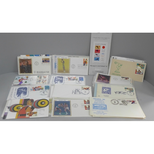 631 - A collection of commemorative stamp covers; 100 assorted Olympics, Los Angeles and Lake Placid, sele... 