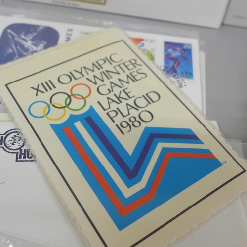 631 - A collection of commemorative stamp covers; 100 assorted Olympics, Los Angeles and Lake Placid, sele... 