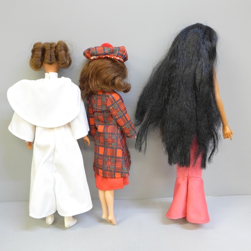 639 - Three dolls, Emma Peel 1960s Avengers TV, Princess Leia Star Wars and Cher