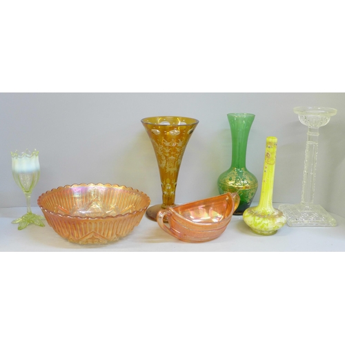 714 - A collection of glass including Bohemian and a yellow vase, small chip to rim of vaseline glass piec... 