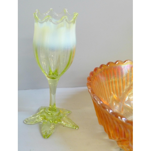 714 - A collection of glass including Bohemian and a yellow vase, small chip to rim of vaseline glass piec... 