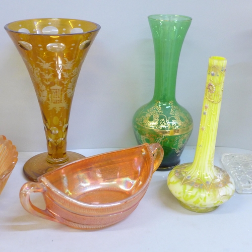 714 - A collection of glass including Bohemian and a yellow vase, small chip to rim of vaseline glass piec... 