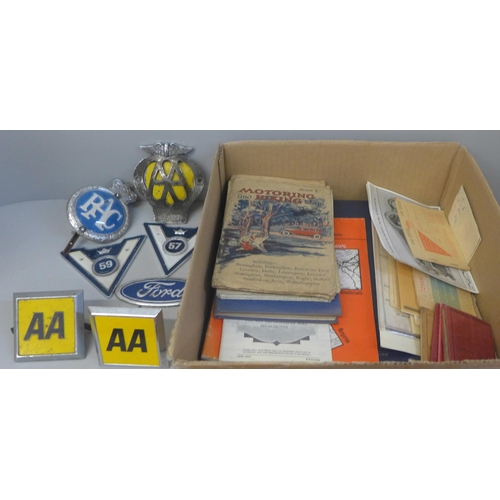 730 - Motoring badges and ephemera, including RAC and AA, etc.