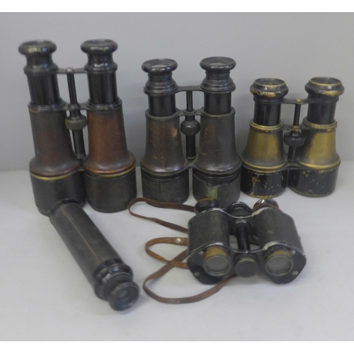 765 - Four pairs of binoculars, including The Gamage, and a telescope