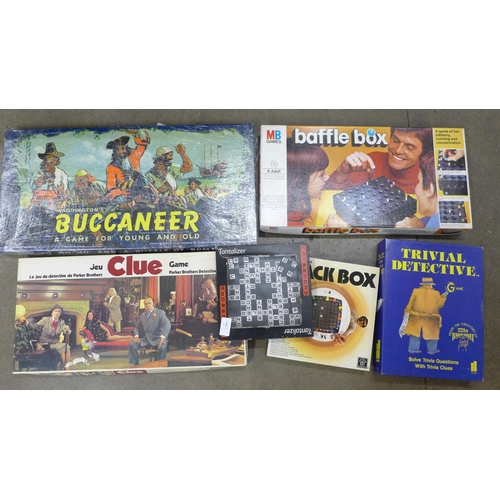 782 - Six board games including vintage Buccaneer by Waddington and Clue by Parker