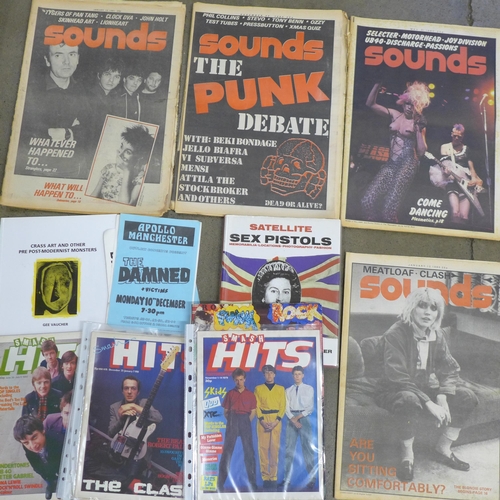 802 - Punk rock collection; The Damned, fliers, magazines, books, Sounds magazine with punk covers, etc.