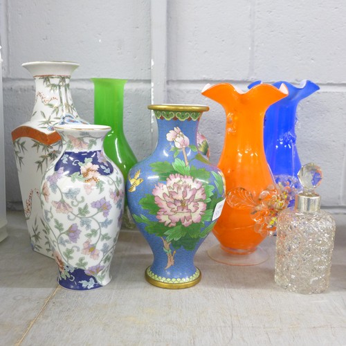 1173A - A Cloisonne vase, three glass vases, three other vases and a silver rimmed scent bottle **PLEASE NOT... 