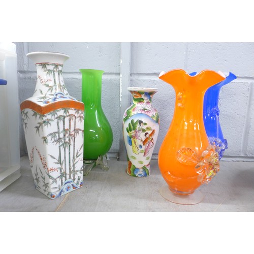 1173A - A Cloisonne vase, three glass vases, three other vases and a silver rimmed scent bottle **PLEASE NOT... 