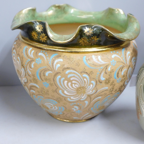 816 - A pair of Langley salt glaze vases and two Doulton jardinieres, one impressed mark Slater's Patent *... 