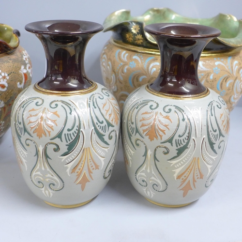 816 - A pair of Langley salt glaze vases and two Doulton jardinieres, one impressed mark Slater's Patent *... 