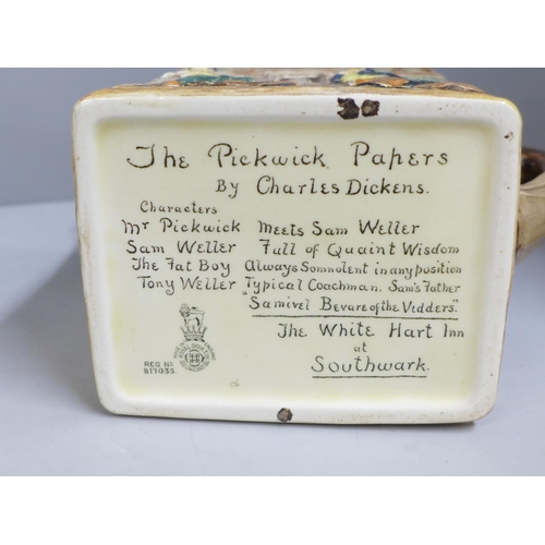 827 - A Royal Doulton The Pickwick Papers by Charles Dickens jug, a silver plated tray marked C.T. Newton,... 