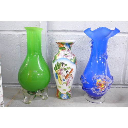 1173A - A Cloisonne vase, three glass vases, three other vases and a silver rimmed scent bottle **PLEASE NOT... 