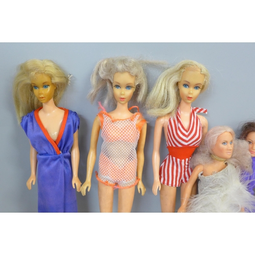 862 - Three 1960s Barbie dolls with 1959 original designer gowns, one undressed Charlies Angels doll and t... 