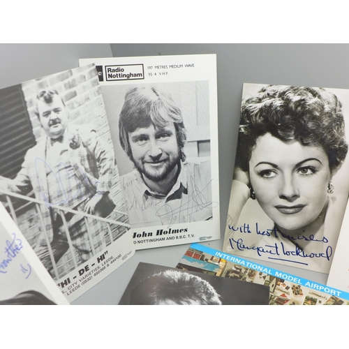 877 - A collection of celebrity publicity photographs and autographs including Harry Corbett and Sooty, Pe... 